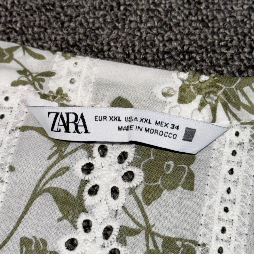 Zara Floral Eyelet Mini Dress Olive Green White Button Front V-Neck XXL Womens - Picture 4 of 10